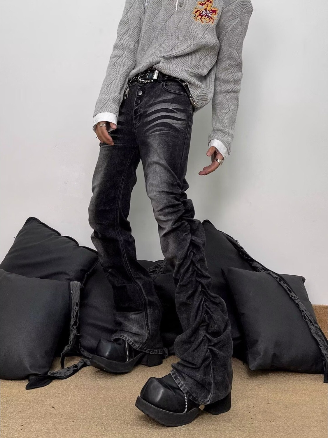 Streetwear Brand Denim - Washed Black Grey Men's Slim Straight